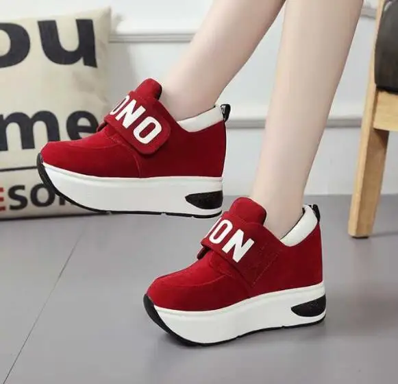 red New Breathable Platform shoes Invisible heightening women's Travel shoes wedges casual sneakers Rocking shoes high heel shoes - Цвет: red