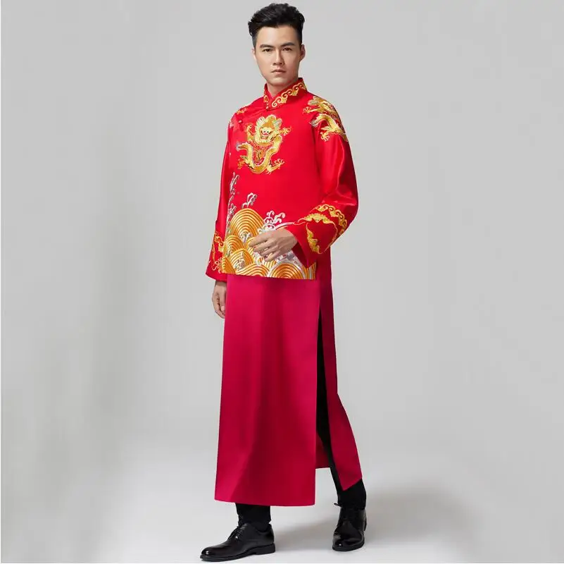 

Oriental Element male Tang Suit Chinese wedding Robe bridegroom Chinese traditional Wedding costume the groom Gown Jacket + Robe