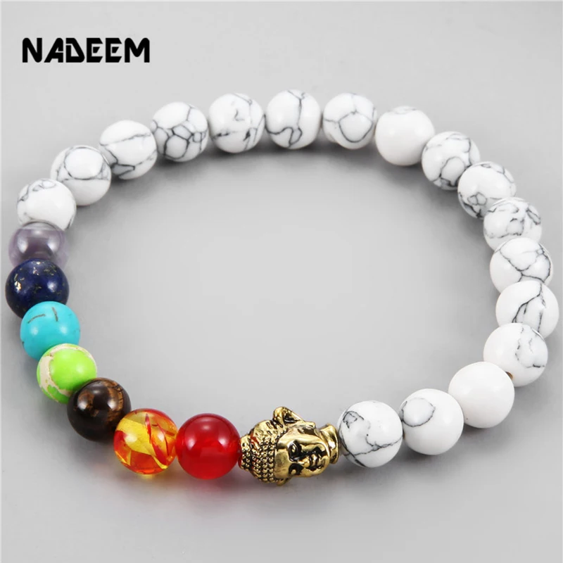 

2017 Design Men Bracelet White Howlite 7 Chakra Healing Balance Bead Skull Buddha Charm Bracelet For Men Women Reiki Prayer