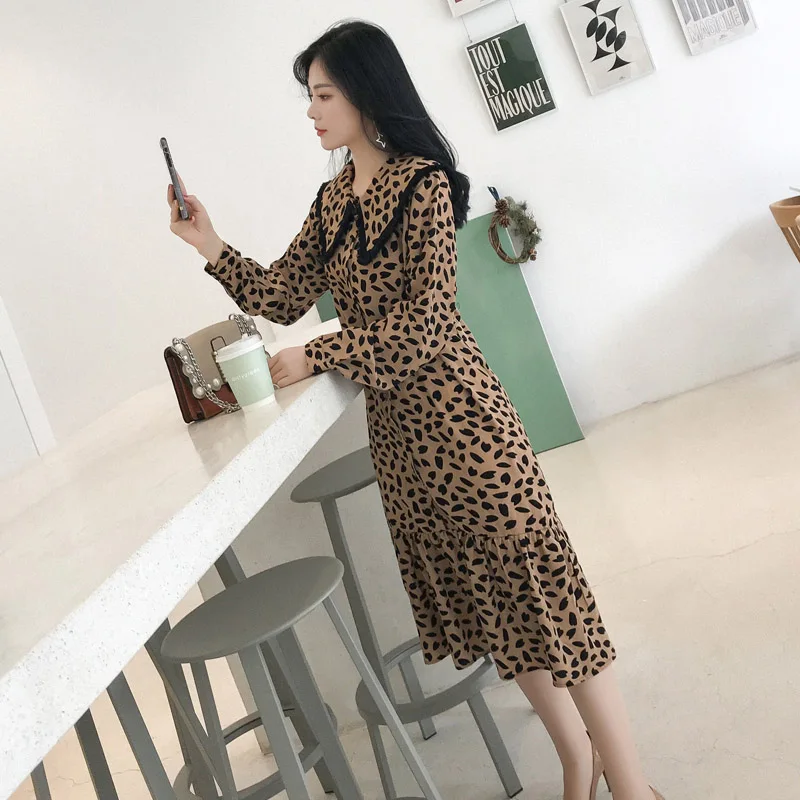 Женское платье с леопардовым принтом BGTEEVER однобортное воротником Питер Пен и