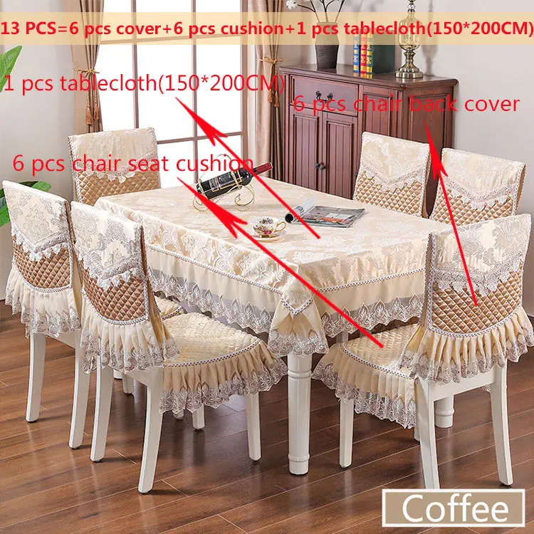 Coffee13pcs150x200cm Европейский кружевной пылезащитный комплект скатертей с вышивкой для банкета, прямоугольной формы, для украшения дома, для обеденного стола, чехол на спинку стула, подушка для сиденья - Цвет: Coffee13pcs150x200cm