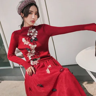 wine red Высококачественное роскошное подиумное трикотажное платье для женщин, облегающее повседневное осенне-зимнее вязаное платье-свитер с длинным рукавом и вышивкой - Цвет: wine red