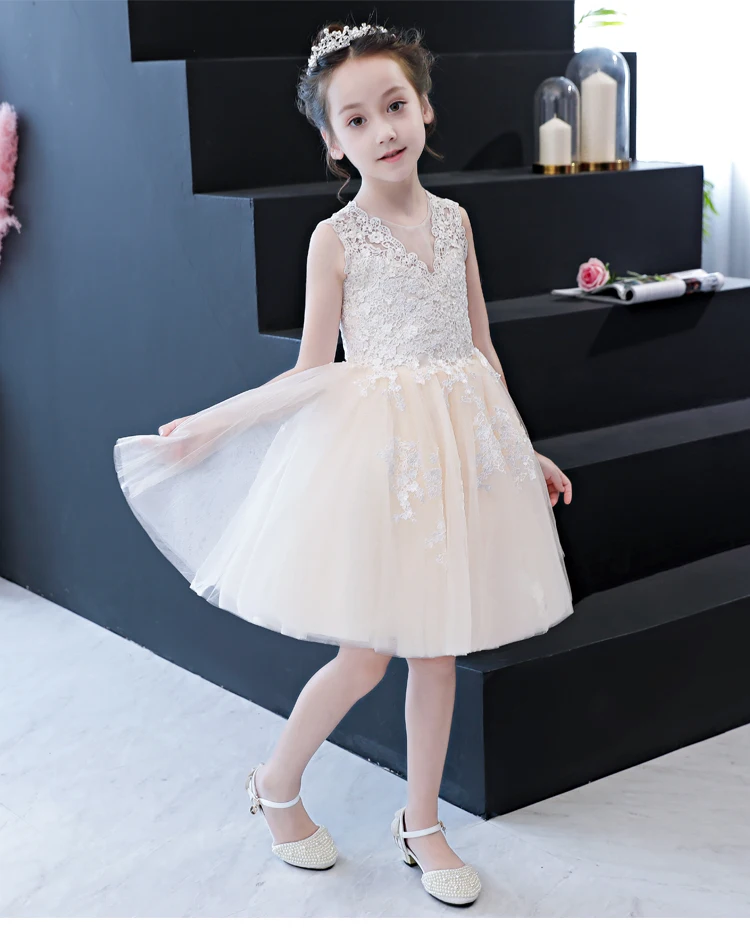 Champagne Lace Summer Girl Dress Flower for Wedding Birthday V-Neck Pageant Princess Gown First Communion | Детская одежда и обувь