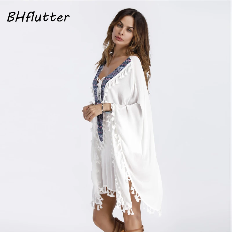 BHflutter 4XL 5XL 6XL размера плюс женская одежда с кисточками белое летнее платье с рукавами летучая мышь на шнуровке с v-образным вырезом платье-халат повседневное пляжное платье