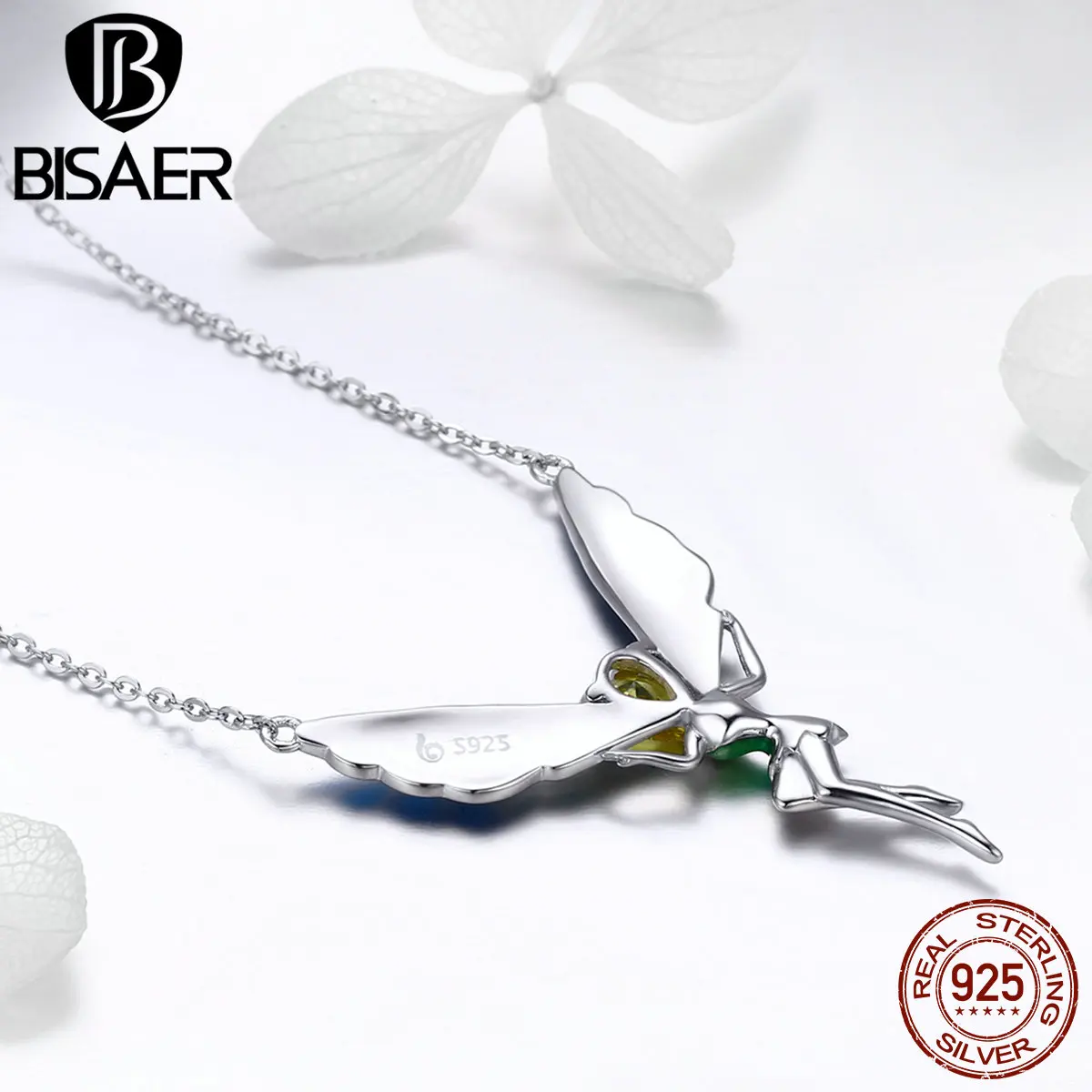 BISAER, 925 пробы, серебряная эмаль, Летающая бабочка, фея, подвеска и ожерелье, серебряная цепочка, звено, ожерелье для женщин, подарок, GXN253