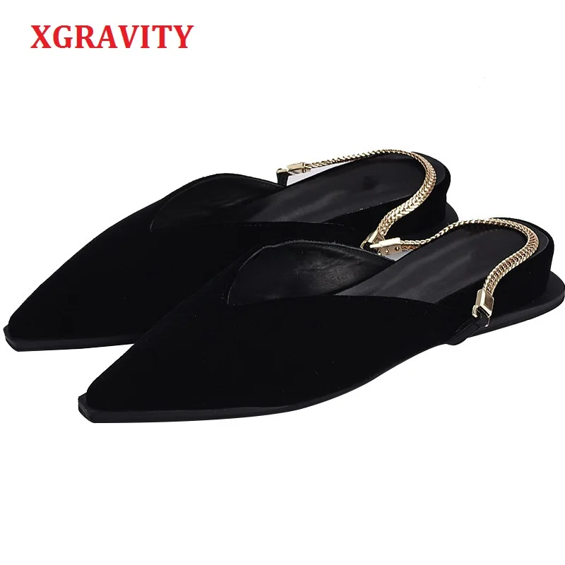 

XGRAVITY European American Genuine Leather Pointed Toe Casual Fashion Flat Slippers Designer Women All Match Chain Shoes B048