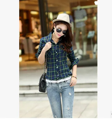 Женский топ с длинным рукавом в шотландскую клетку из 2017 хлопка | Женская одежда