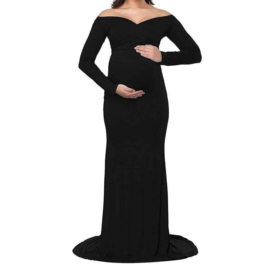 Pregnant women dress skirt autumn and winter long section of pregnancy 2019 large size word collar sleeve stretch mop | Мать и ребенок