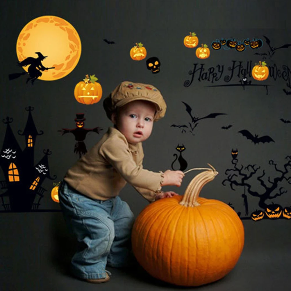 Modern Fantasy Eye-Catching PVC Halloween Wizard Pumpkin Light Wall Stickers for Bedroom Hotel Decoration | Дом и сад