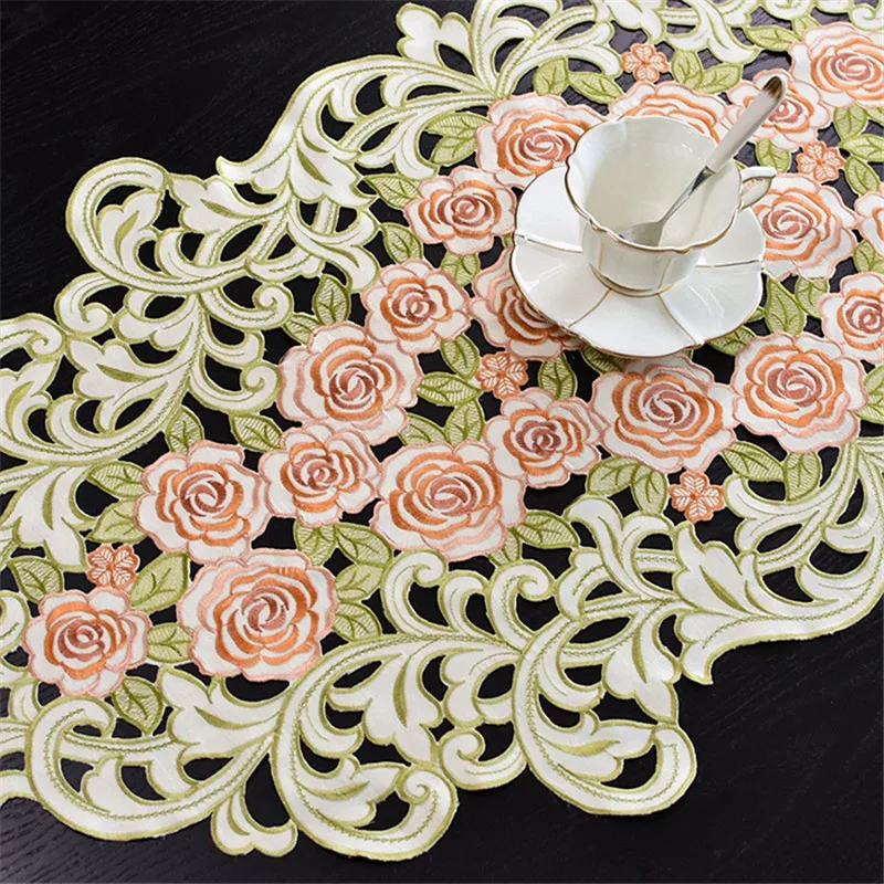 

Free Shipping Polyester Hollow Embroidery Rose Jacquar Tablecloth Cup Mat Cover Runner Place Wedding Blanket Antependium