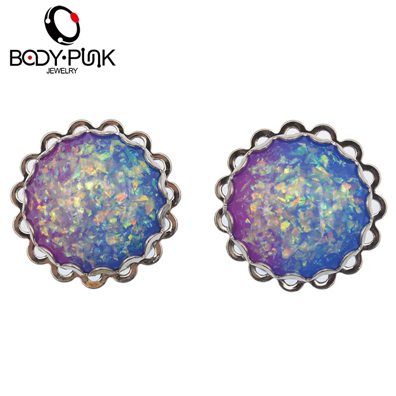 

BODY PUNK Ear Plugs Stainless Steel Blue Purple Mix Opal Ear Expander Flesh Tunnel Piercing Sale Popular Body Piercing PLG 094
