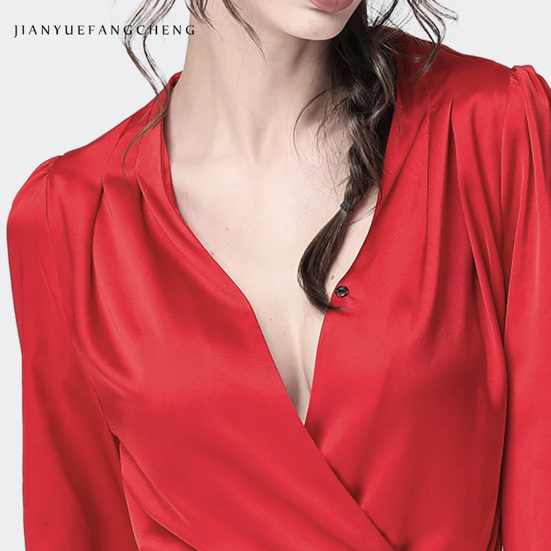 

New 2019 Spring Autumn Long Sleeve Satin Blouse Female Sexy Deep V-Neck Slim Tie Bow Waist Street Office Wear Red Black Blouses