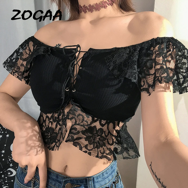 Женский кружевной топ ZOGAA на тонких бретельках с рукавами-фонариками без