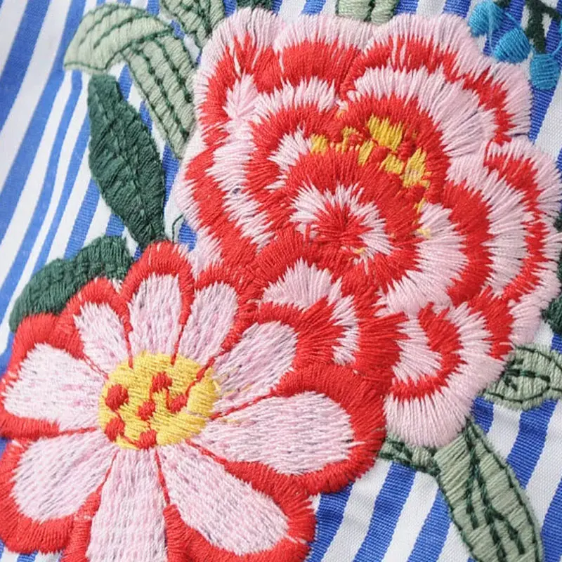 LINSHOW Дизайн Лук С Длинным Рукавом в Полоску Женщины Блузки Цветочной Вышивкой