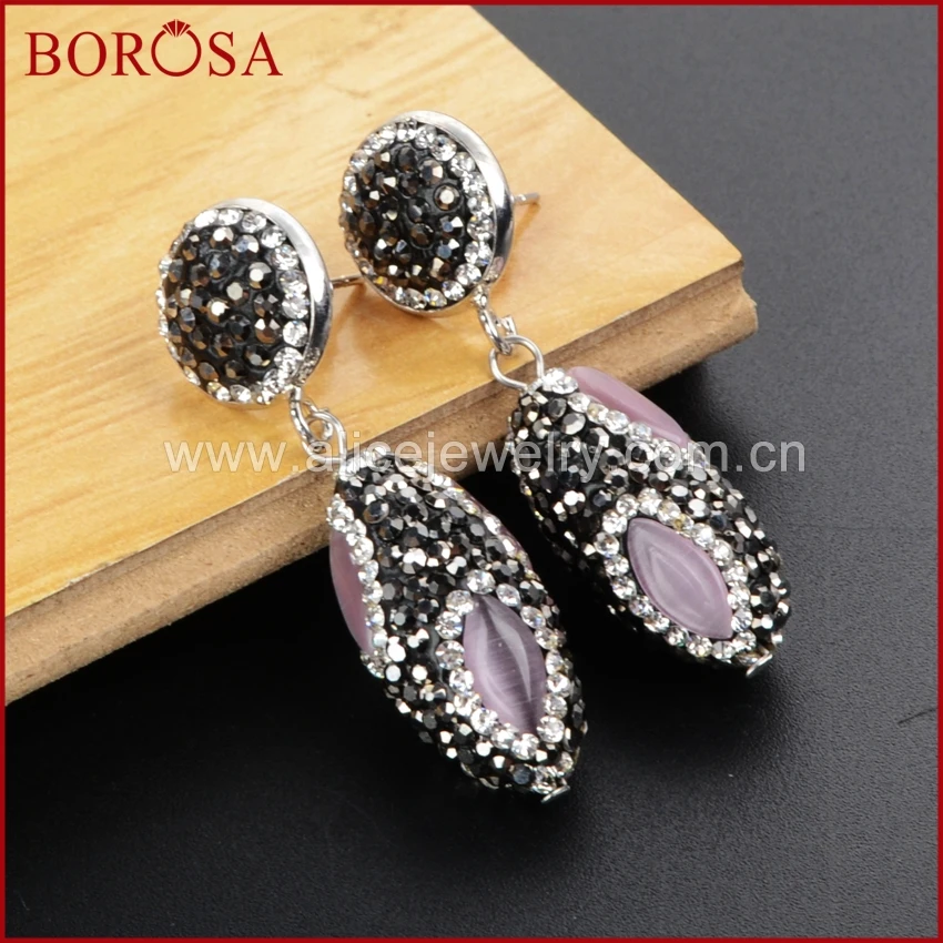BOROSA 5 Пар Модных druzy Висячие серьги розовый кошачий глаз камень бисера овальной