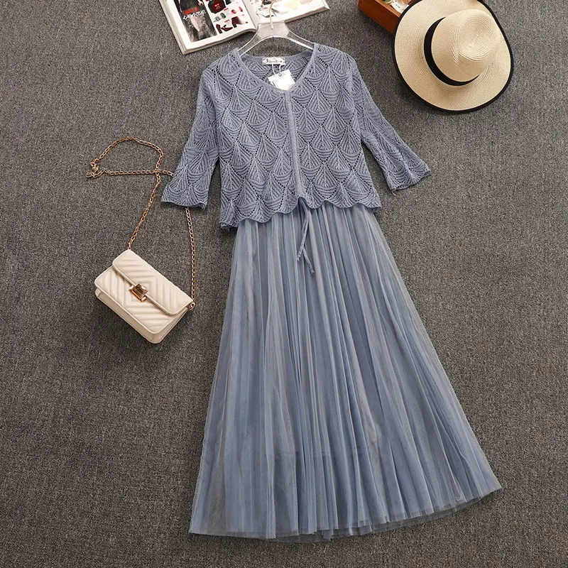 2019 new fashion women's two piece dress elegant slim super fresh two-piece mesh gauze summer | Женская одежда
