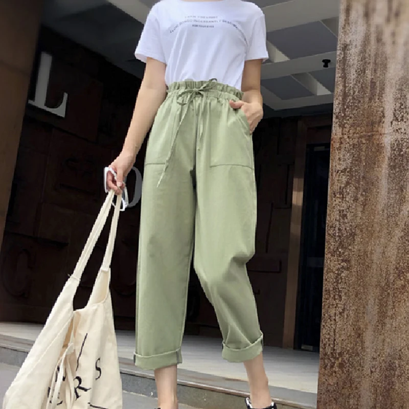 

Loose Light Cotton Casual Style Female Pants Streetwear Sporty Regular Drawstring Elastic Waist Trousers For Everyday Wear