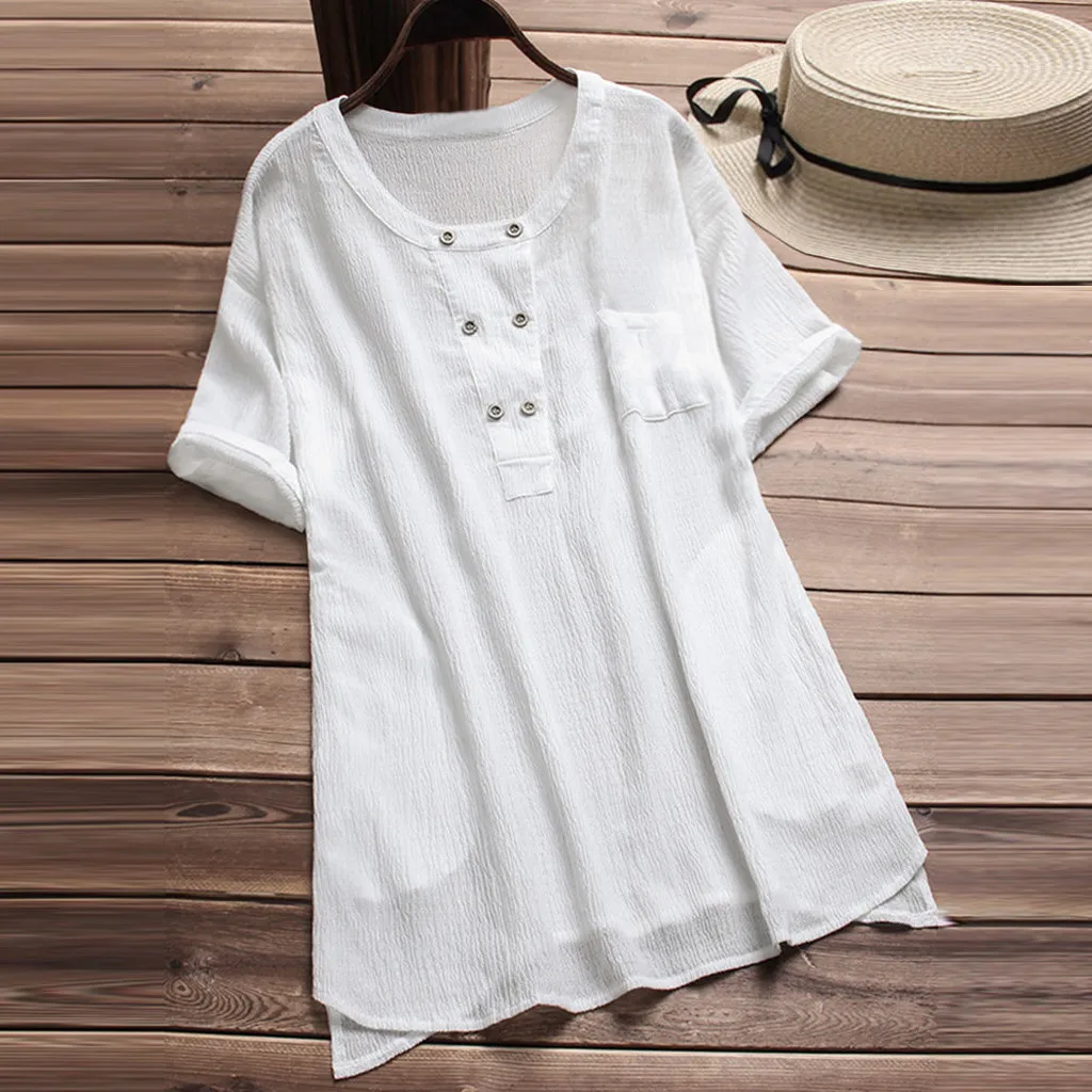 

2019 Women Vintage Short Sleeve Bikini Cover Up Cotton Linen Button Blouse Kaftan Beach Tunics Swimsuit Pareos De Playa Mujer