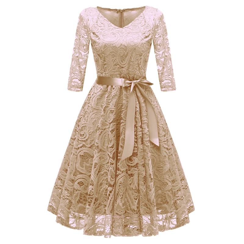 Винтажное женское кружевное плиссированное платье 1950 s, одноцветное, v-образный вырез, рукав 3/4, пояс, элегантное ТРАПЕЦИЕВИДНОЕ ПЛАТЬЕ для вечеринок