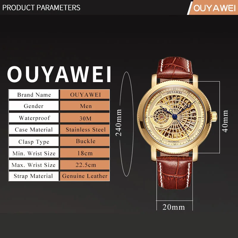 OUYAWEI мужские наручные часы с скелетом Мужские кожаным ремешком в стиле стимпанк