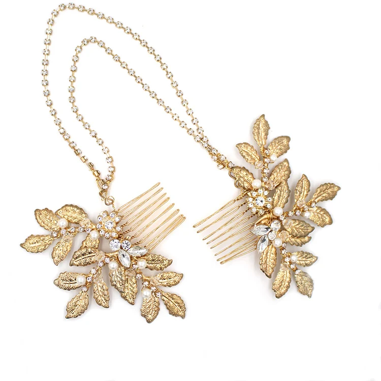 Свадебная тиара гребень SLBRIDAL с кристаллами жемчугом цветочным листом повязка на