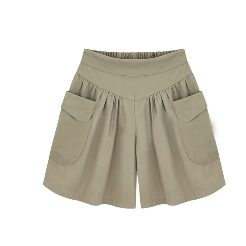 Casual High Waisted Shorts Pockets Summer Elastic Waist Army Green Bottoms Black Plus Size Slim Loose Ladies Feminino | Женская одежда