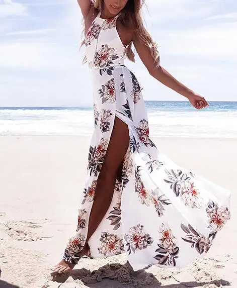 

MAYFULL chiffon sexy floral print halter dress o-neck backless long split dress lady evening party beach seaside holiday dress