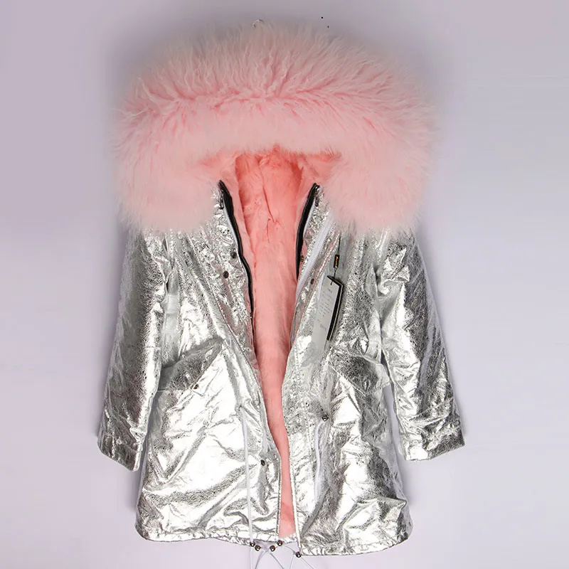 silver pink OFTBUY пальто с натуральным мехом, зимняя куртка, Женская длинная парка, воротник из натурального меха монгольской овцы, капюшон, подкладка из натурального кроличьего меха, уличная одежда - Цвет: silver pink