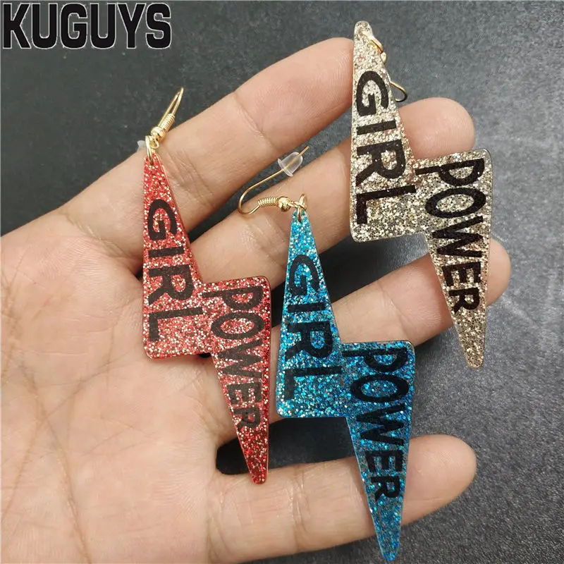 Женские серьги подвески KUGUYS Girl Power Lightning модные блестящие акриловые шикарные