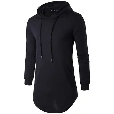 

Mens HOODED Elongated Long Sleeve Pullover Long line Distressed SIDE ZIPPER