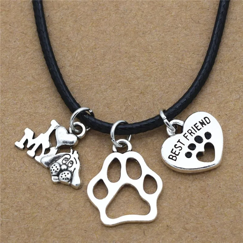 New Simple Cute Antique I Love My Dog Charms Dog's Paw Best Friend Heart Pendant Leather Chain Necklace Lover Gifts | Украшения и