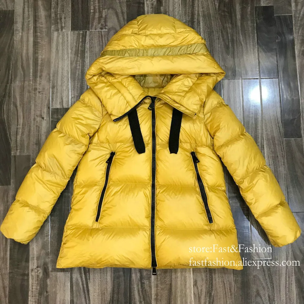 Новые женские зимние толстые теплые 90% белые пуховые пальто с капюшоном, женские парки средней длины с капюшоном, зимняя верхняя одежда, куртки желтого цвета