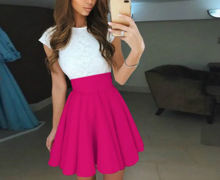 Новые женские летние кружевное платье милые кружева шить высокой талии с