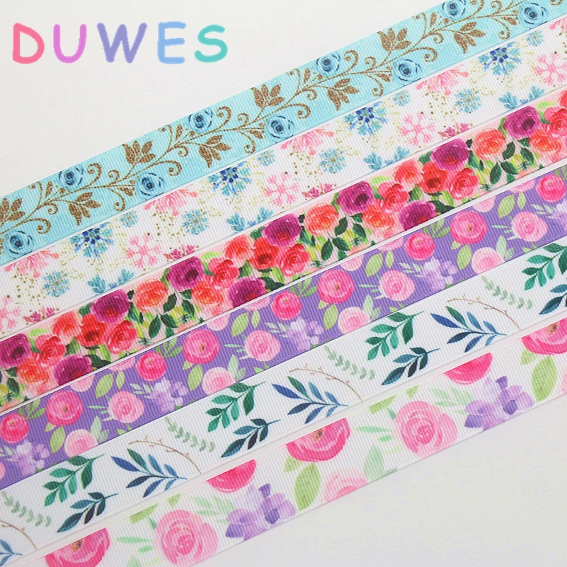 

DUWES 50yards flowers leaf snowflake printed grosgrain Ribbon Accessory hairbow headwear decoration Wholesale OEM D1046