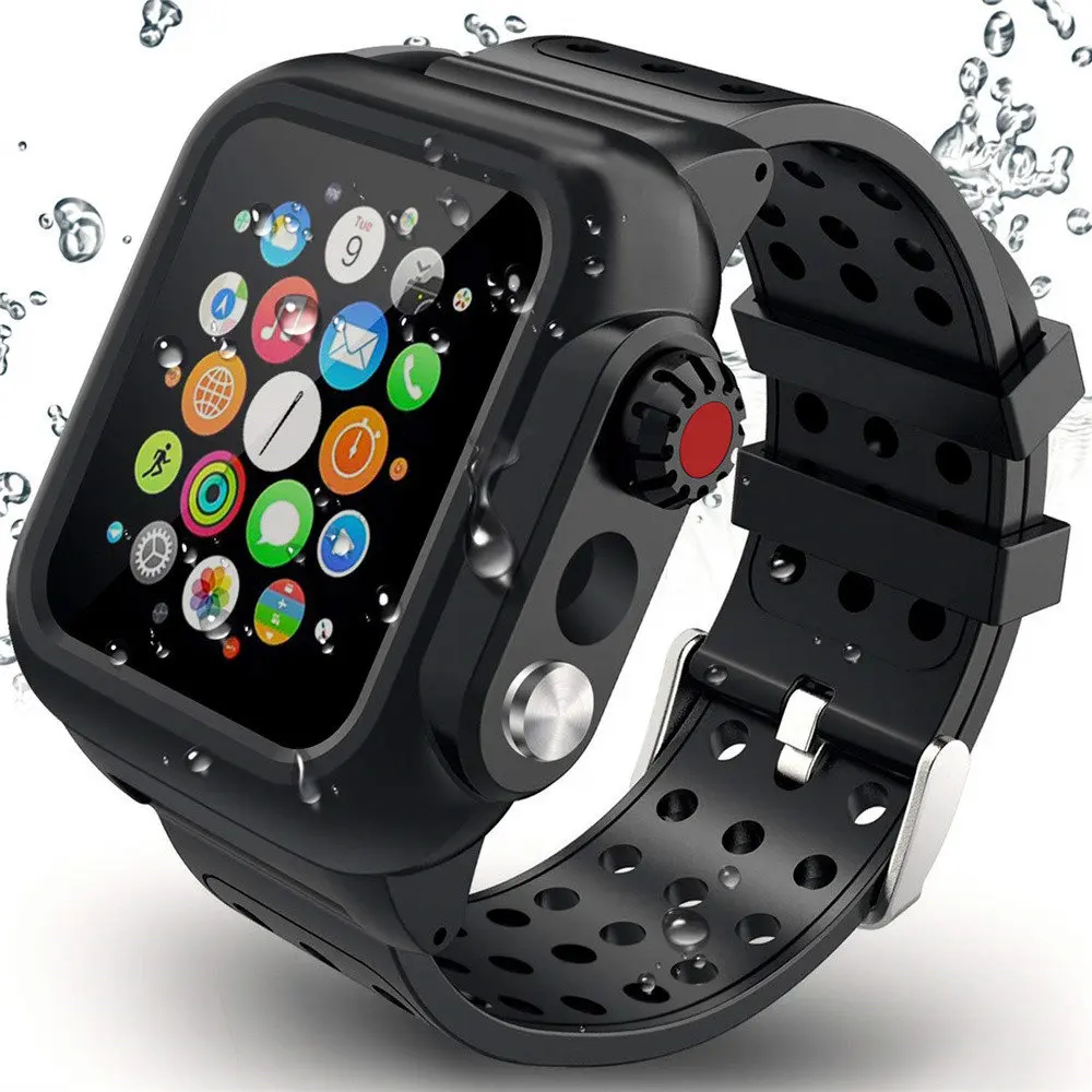 Black Для Apple Watch Series 4 3 2 1 водонепроницаемый чехол с силиконовым ремешком для iWatch 44/40/42/38 мм браслет ремешок противоударный чехол - Цвет ремешка: Black
