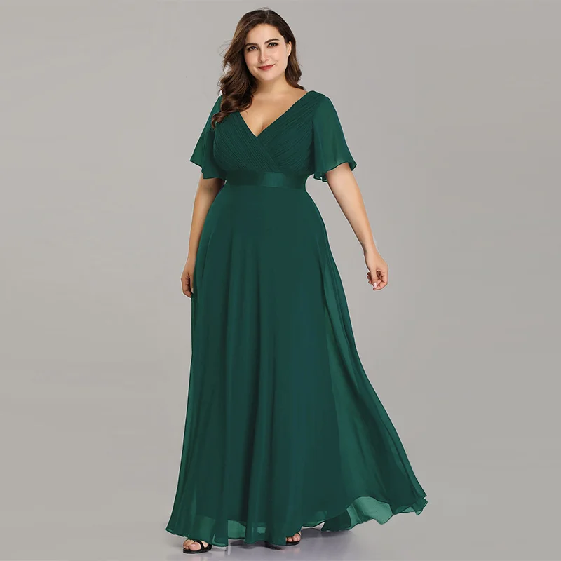 Dark Green-Chiffon Вечерние платья размера плюс, элегантные шифоновые длинные вечерние платья с v-образным вырезом и коротким рукавом - Цвет: Dark Green-Chiffon