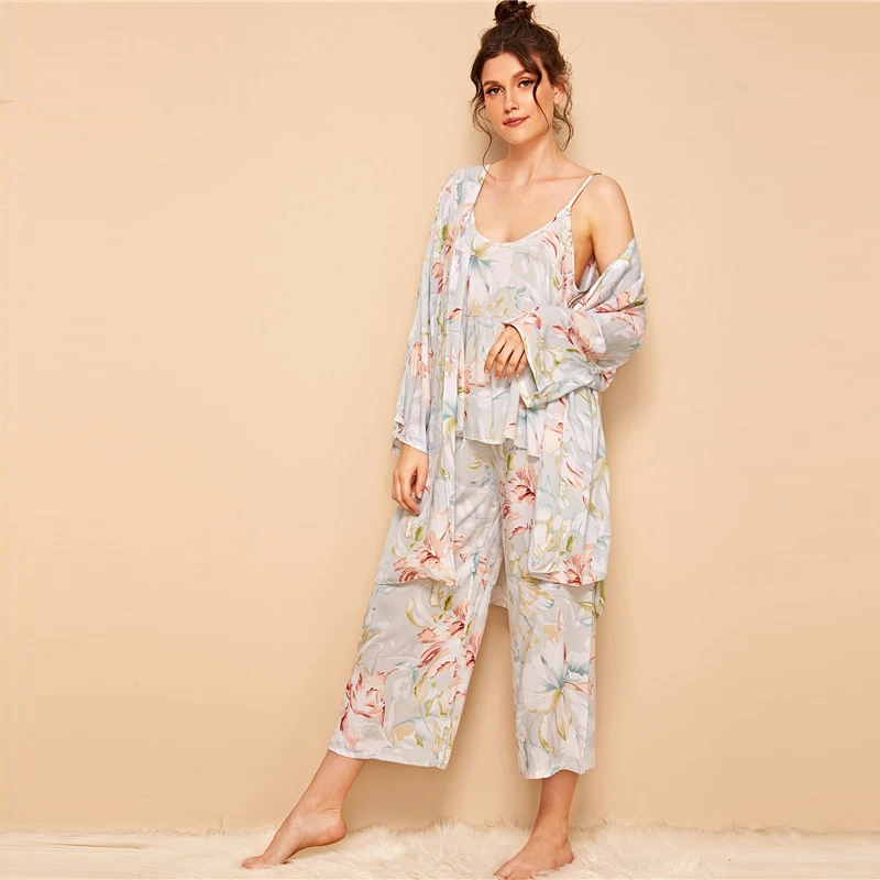 SHEIN цветочный принт Cami пижамный комплект с халатиком для женщин Летняя повседневная одежда для сна Спагетти ремень с длинным рукавом поясом женский халат