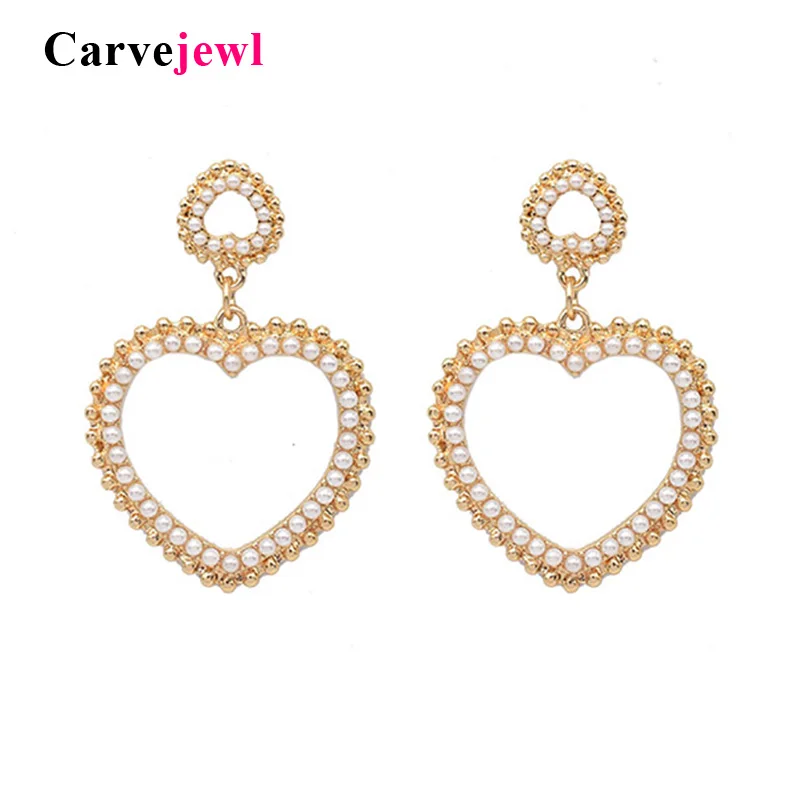

Carvejewl double heart drop dangle earrings simulated pearl crystal rhinestone Korean big design earring for women girl jewelry
