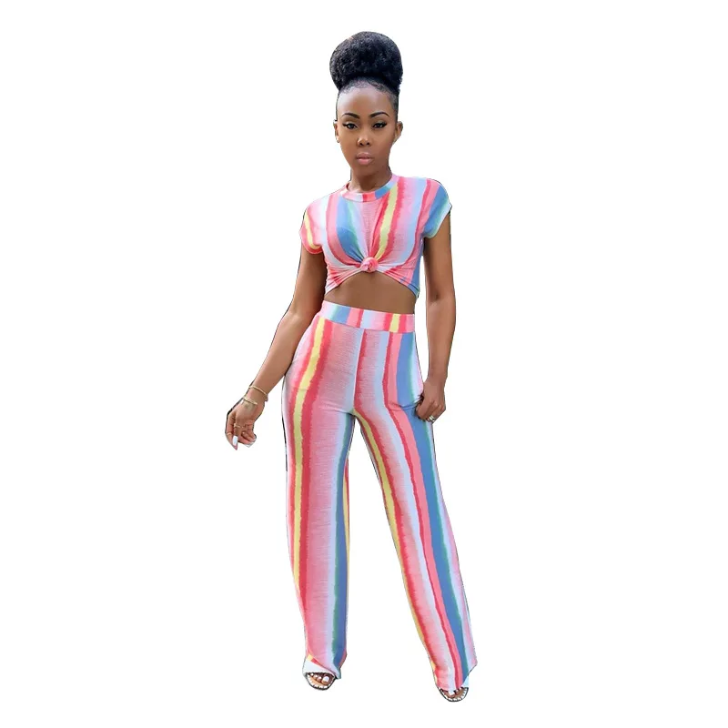 Женский Летний Полосатый хлопковый укороченный топ с широкими штанинами