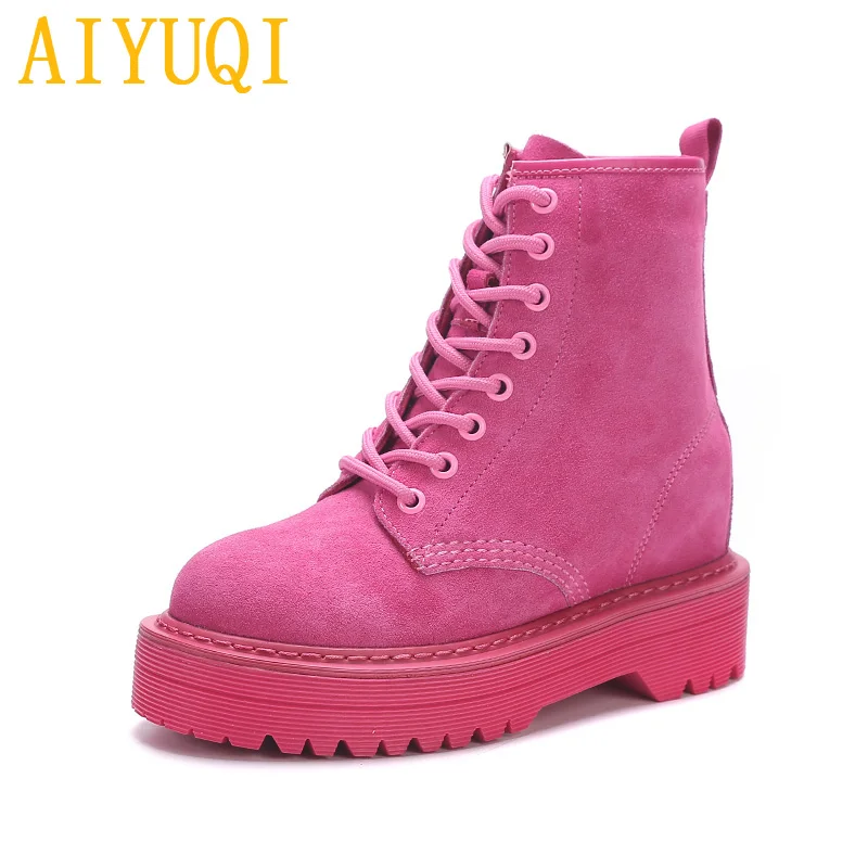 Rose red Suede AIYUQI/Женские Ботинки martin; Новинка года; сезон весна; женские ботинки из натуральной кожи; Модные женские ботинки с толстой подошвой и плюшем - Цвет: Rose red Suede