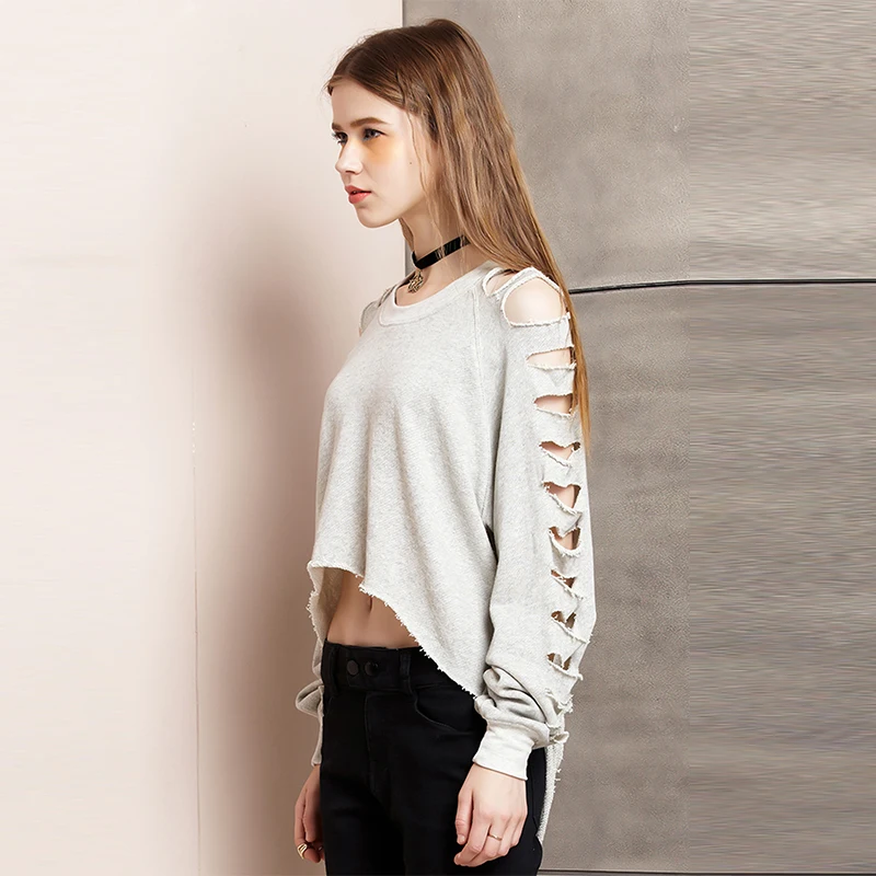 Sugar High Streetwear Autumn Hole Knitted Sweatshirts Women Long Sleeve Short Pullover Casual Jumper Pull Femme Crop SW0252 | Женская