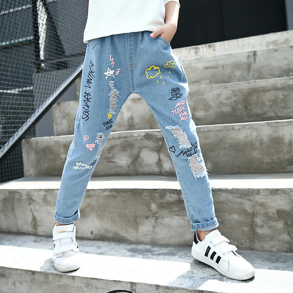 

Kids Jeans 3Y-14Y Teenager Girls Jeans Pant 2018 Children Spring Autumn Casual Cartoon Denim Patchwork Regular Pencil Pants