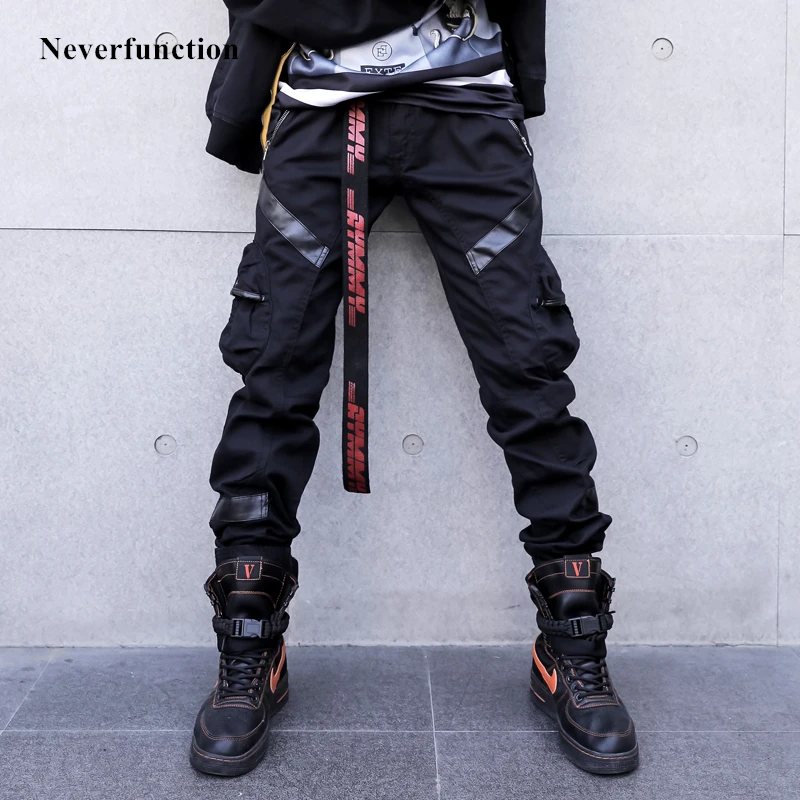 Men personality Leather Pocket Splice Slim fit Joggers Casual Harem Cargo Pants Fashions Streetwear male Hip Hop Sweatpants | Мужская