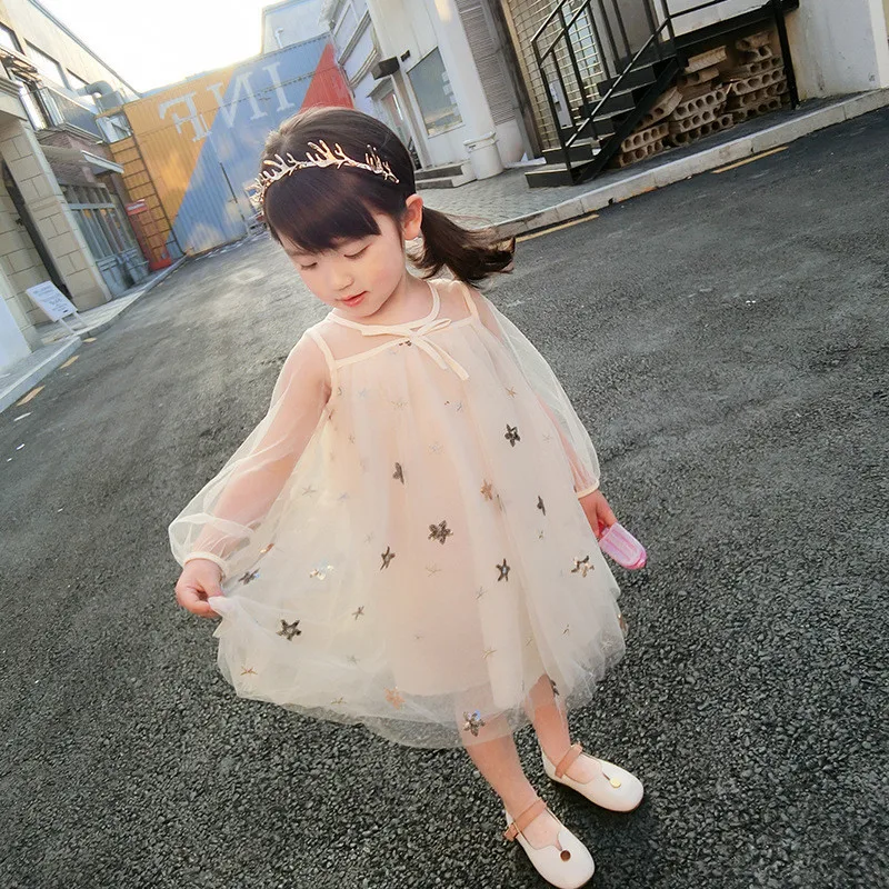 DFXD England Style Baby Lace Princess Dress Long Sleeve Star Print Little Girls Birthday Party Kids Costume Vestido 2-8Y | Детская