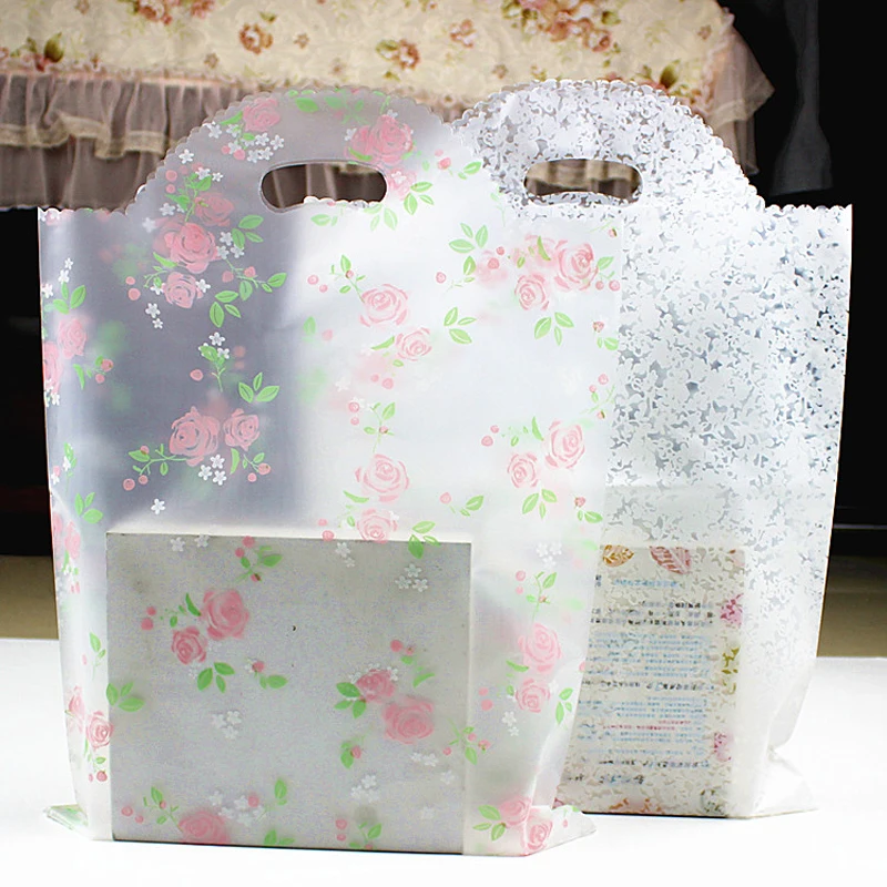 

50pcs- Lovely Floral Gift Bag with Handle 14C Thicken White Floral Plastic Shopping bag for Wedding Party Gift Wrap