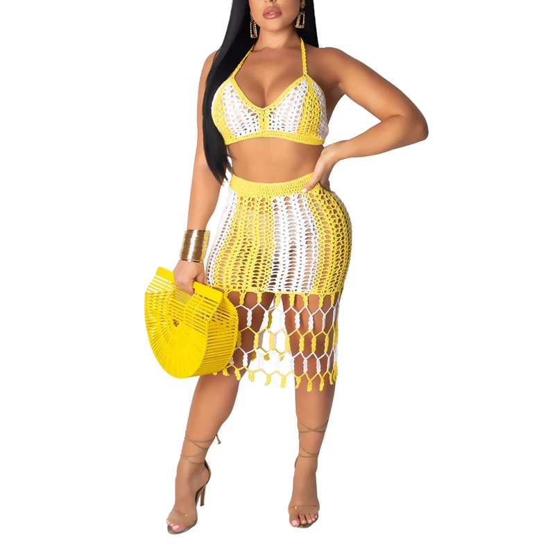 2PCS/SET Beach Cover ups New Crochet Top+Tassel Skirts Hollow Out Bikini Swimsuit Bathing suit cover ups Beachwear
