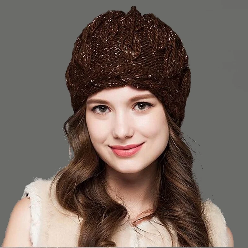 Женские вязаные шапки зимние утепленные двухслойные Элегантные повседневные шерстяные женские теплые