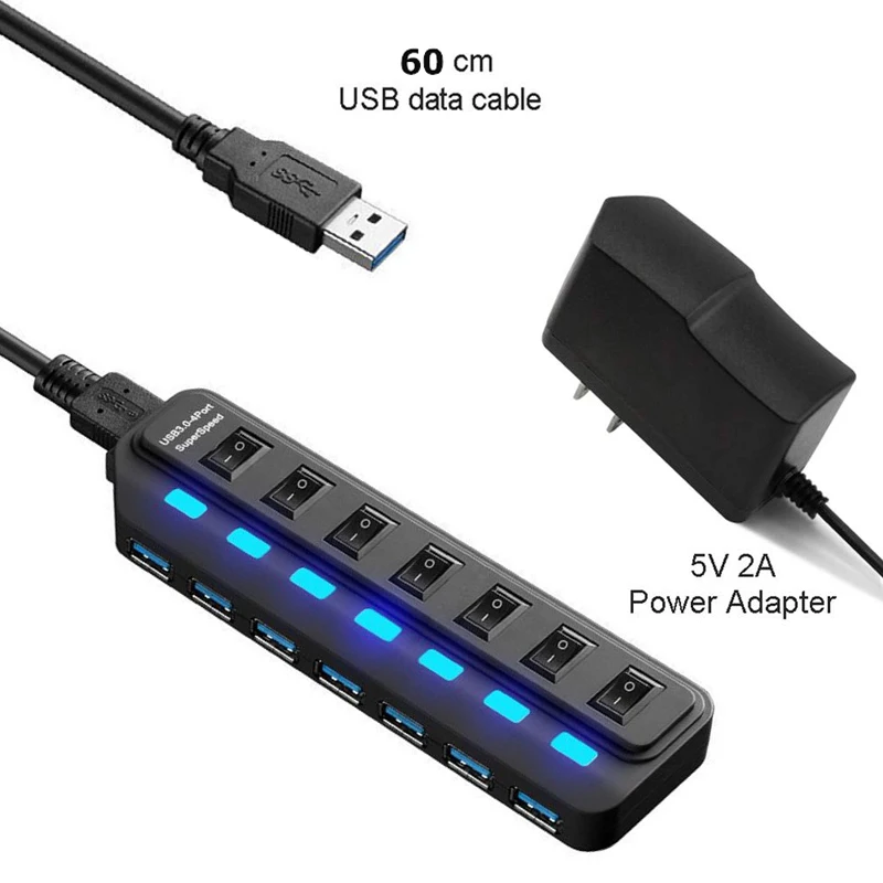 Высокоскоростной концентратор с 4 и 7 портами USB 3 0 со встроенным светодиодным