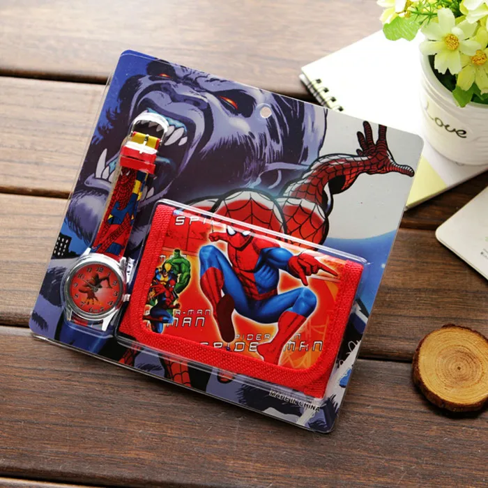 Red Spiderman Новые детские часы с кошельком из мультфильма, часы с человеком-пауком, Микки и Минни, подарки на день рождения для студентов, кварцевые часы с кожаным ремешком - Цвет: Red Spiderman