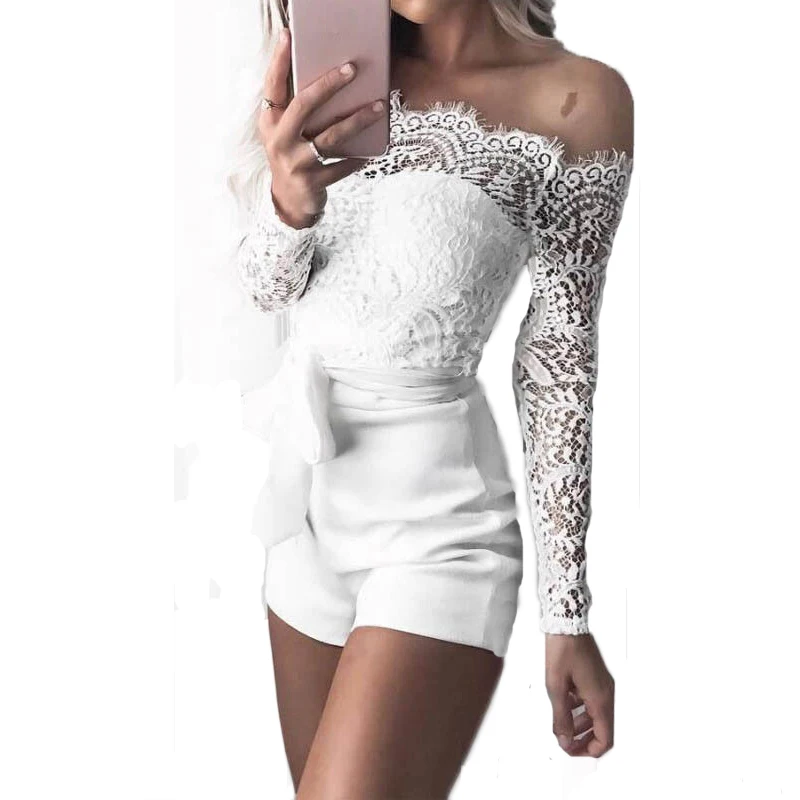 

Women fancy summer fall off shoulder sexy playsuits jumpsuits long sleeve sheer lace patchwork hollow bandage skinny Outfits set